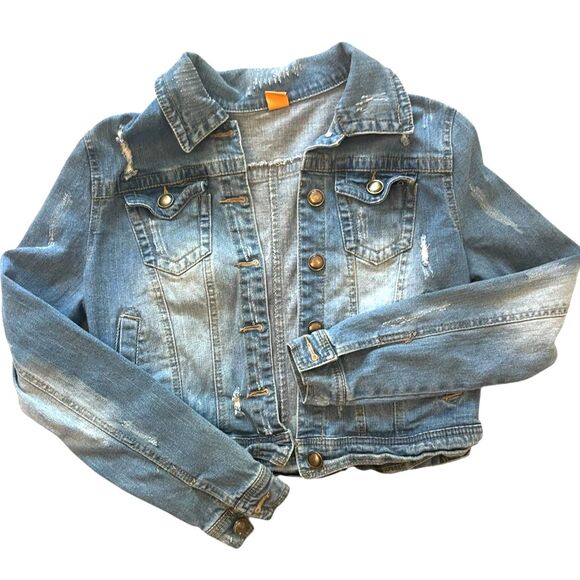VTG Joujou Y2K Womens Crop Jean Jacket MEDIUM Distressed Grunge Festival Casual - Picture 1 of 11